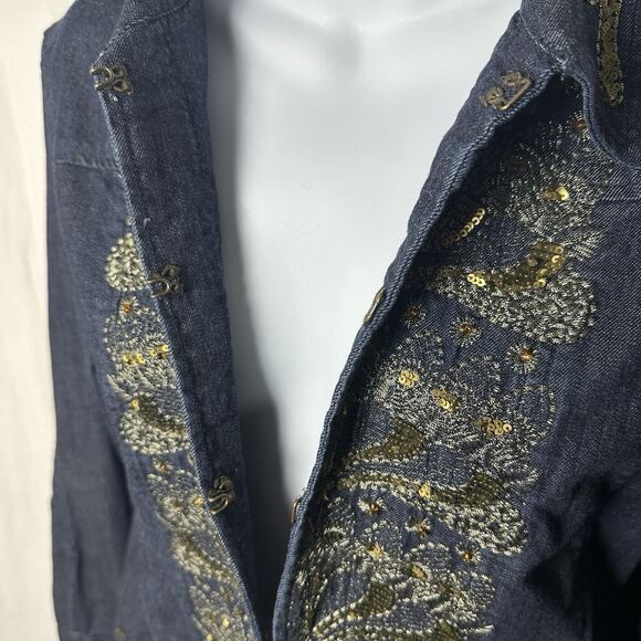 Chicos Embellished Denim Jacket Size 2 Gold Sequin Beaded Jean Western Glam Y2K - Picture 5 of 16